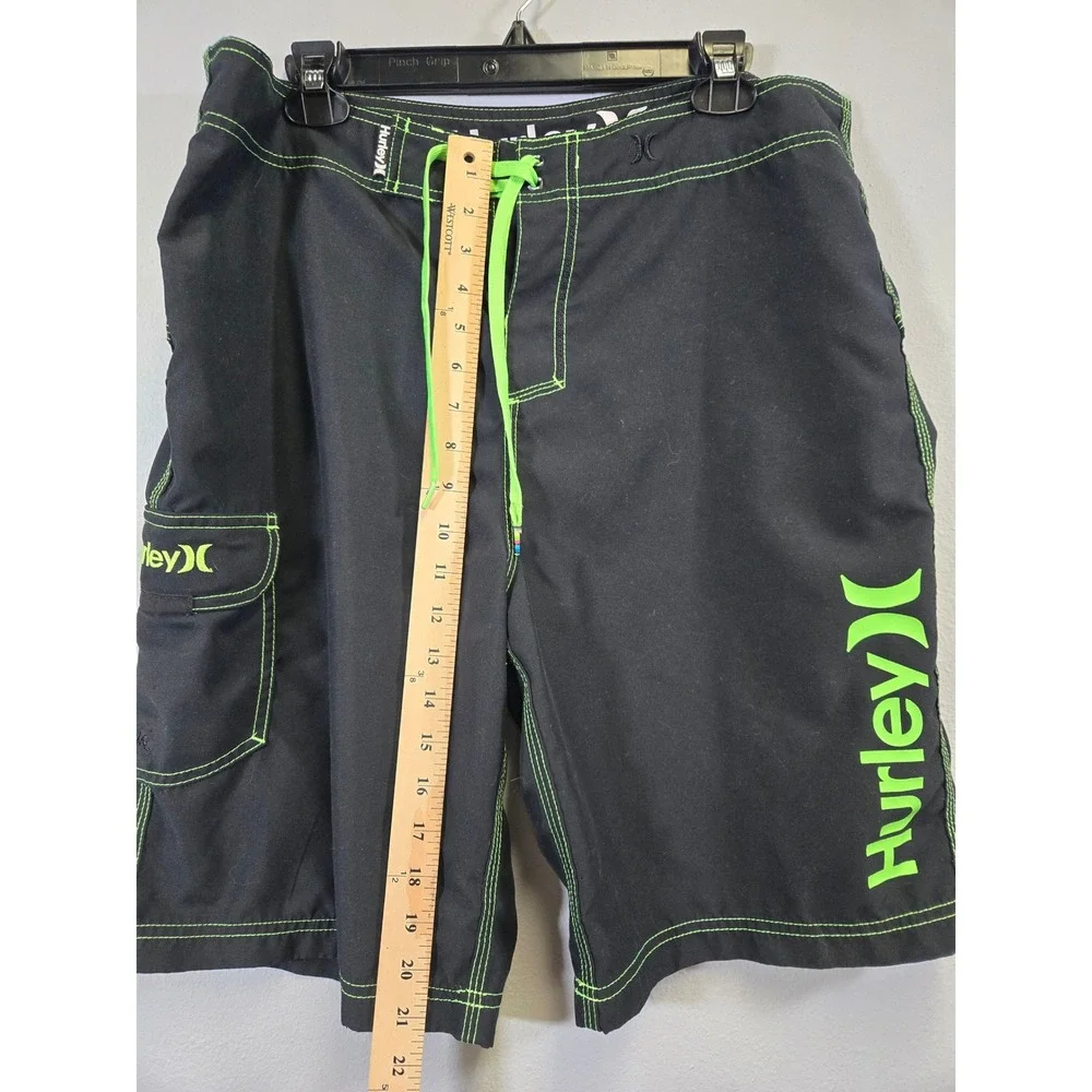 Hurley‎ Board Shorts Black Neon Green Contrast Stitch Surf Swim Trunks 34